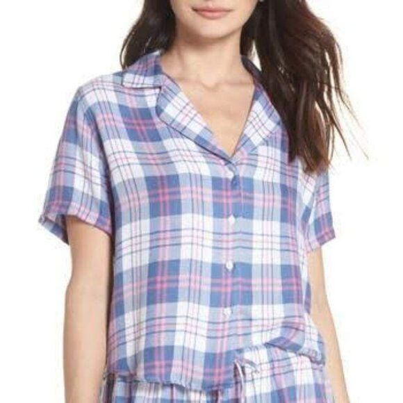 Rails Plaid Pajama Short Sleeve Top in Watermelon Coast Large White Pink Blue - Picture 1 of 8